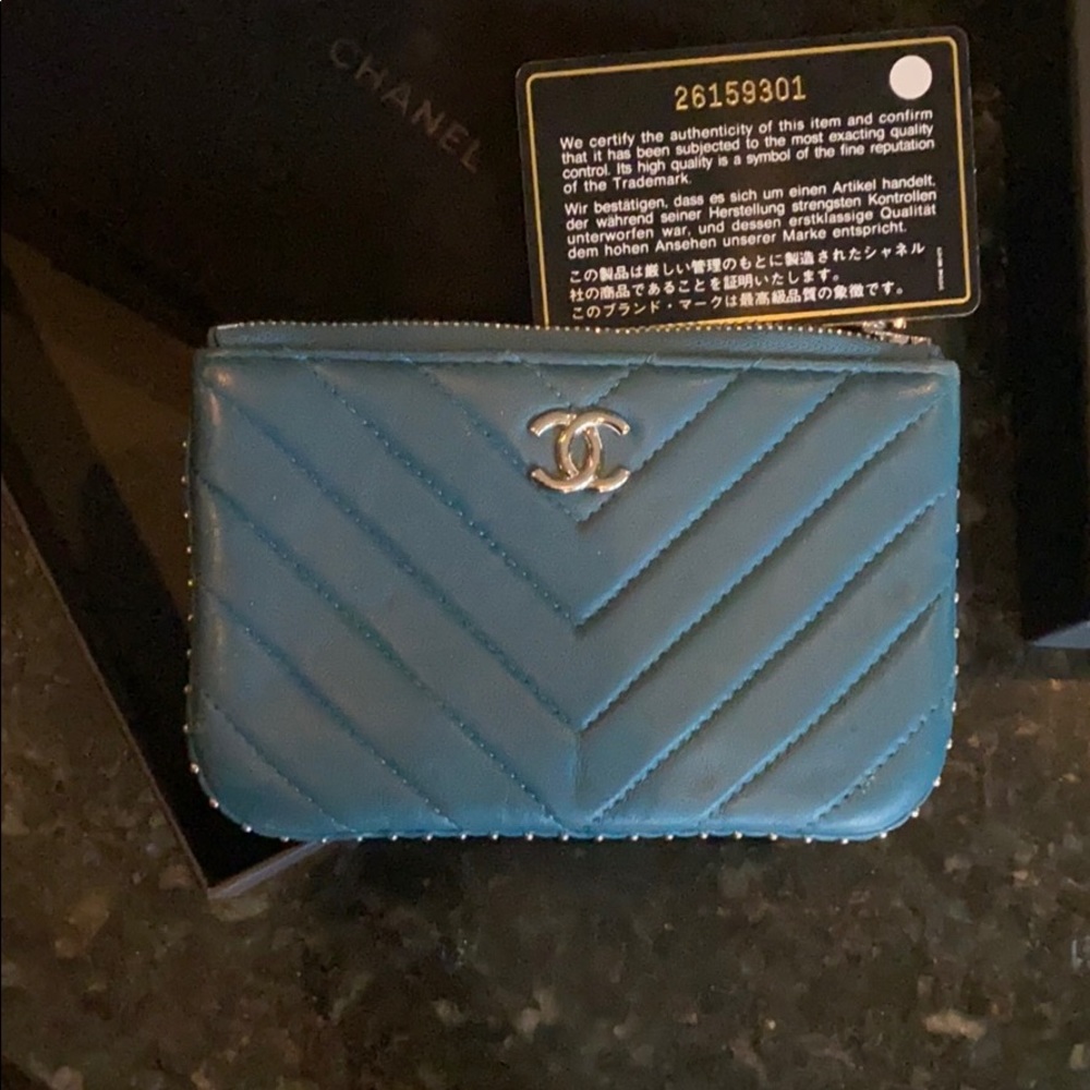 Chanel teal stud zippy wallet